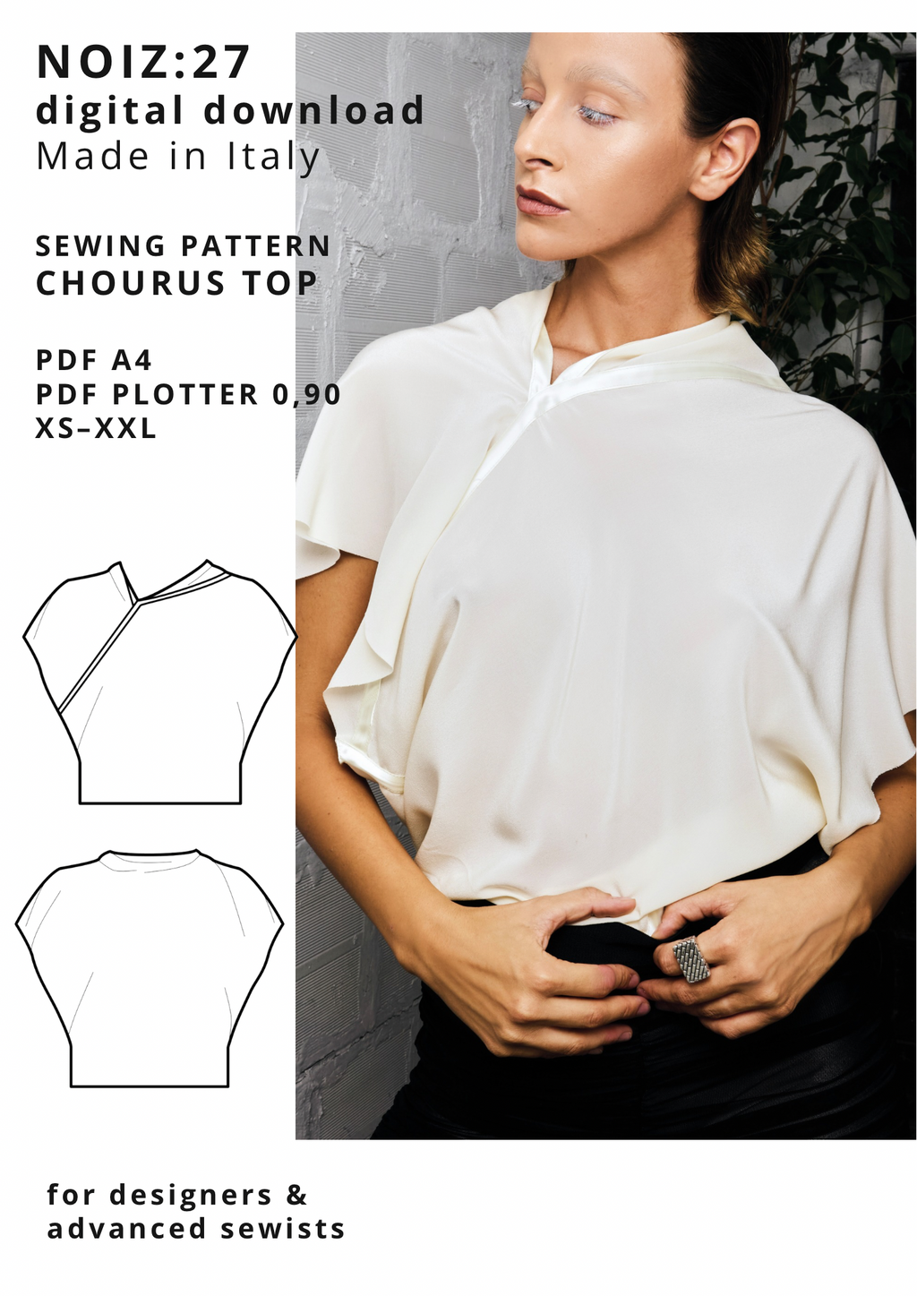Chourus top sewing pattern PDF, avant-garde asymmetric top, fluid draped blouse, minimalist pattern XS-XXL