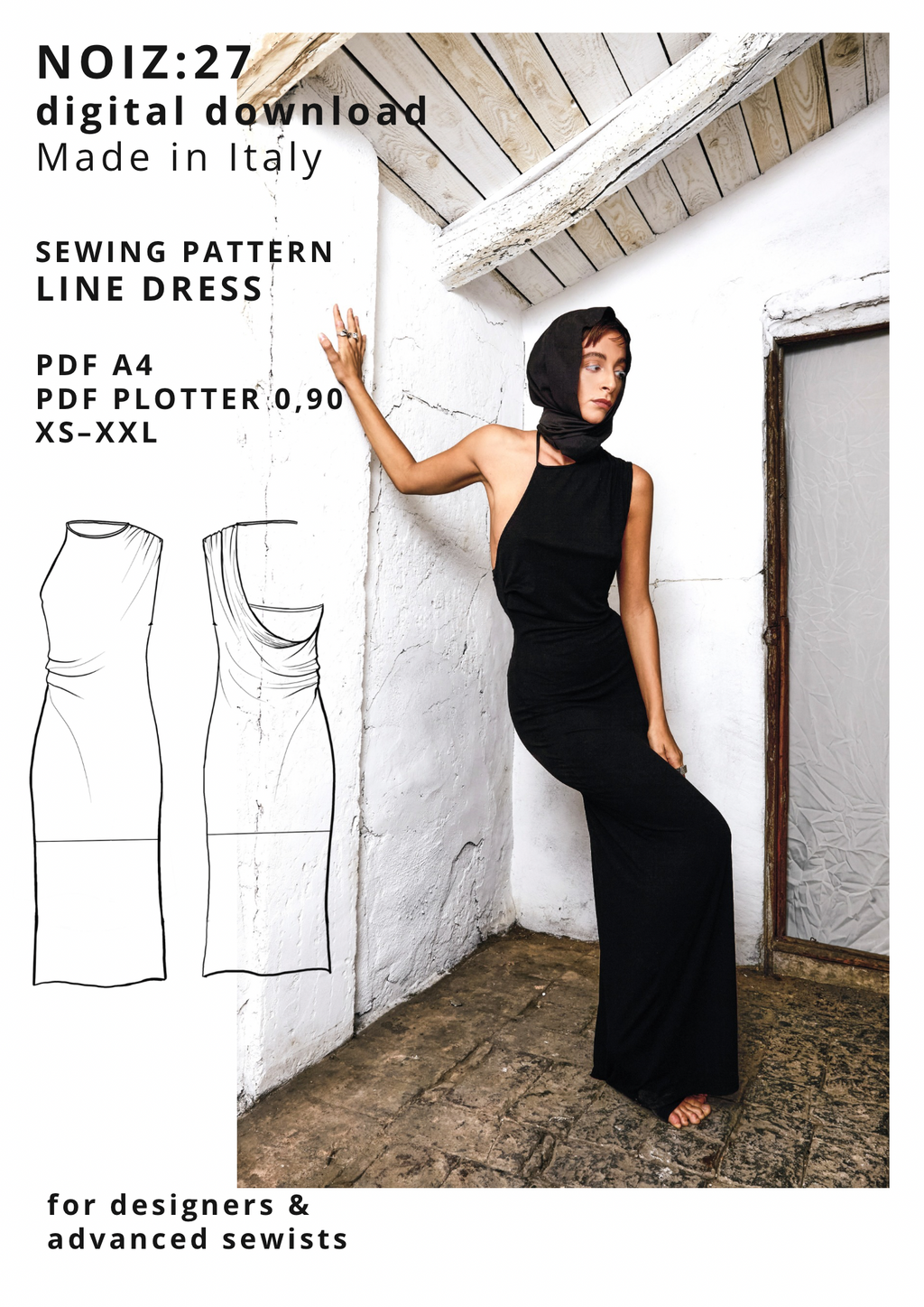 Line dress sewing pattern PDF, draped back dress, jersey maxi dress pattern, asymmetric elegant dress XS-XXL